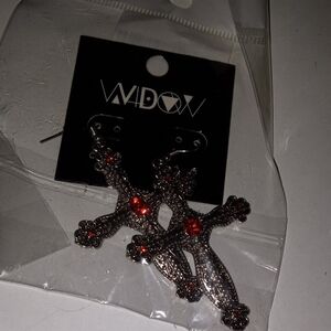 Gothic Silver and Red Cross Earrings
